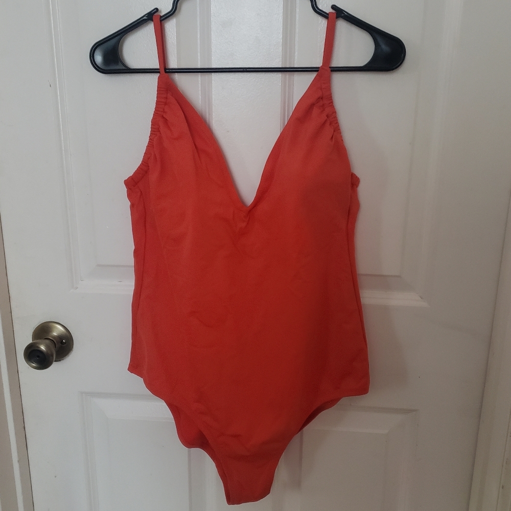 Kona Sol Womens Orange One Piece Bathing Suit Swimsuit V Neckline Size Large